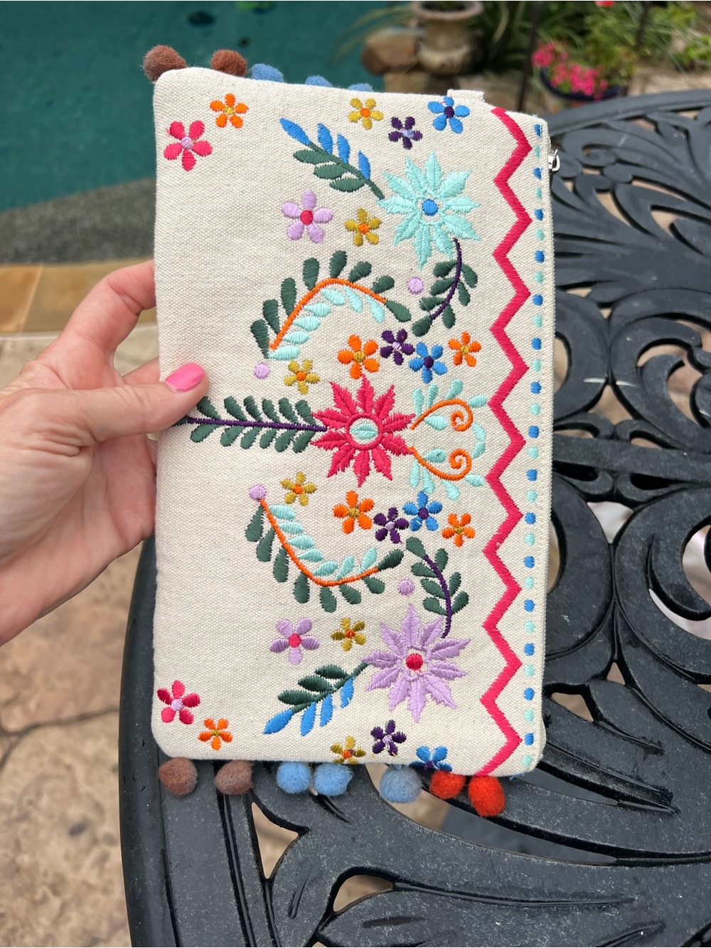 Embroidered Floral Pom-Zip Canvas Clutch - Cream with Multicolor Flowers